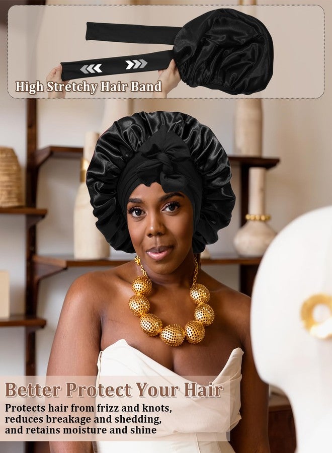 CHLINS Reversible Satin Silk Bonnet - Double Layer Hair Wrap with 2PCS Scrunchies Elastic Tie Band Night Cap for Natural Curly Hair (Black+Red) - Image 3